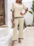 Contrast Trim Round Neck Top and Pants Set - Trendsi - Flyclothing LLC