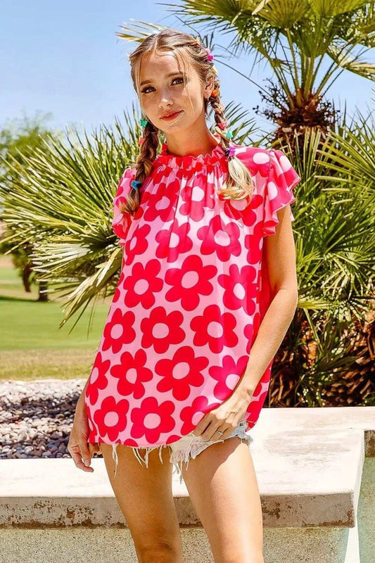 BiBi Floral Contrast Ruffled Top - Trendsi - Flyclothing LLC