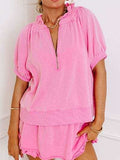 Half Zip Puff Sleeve Top and Ruffled Shorts Set - Trendsi - Flyclothing LLC