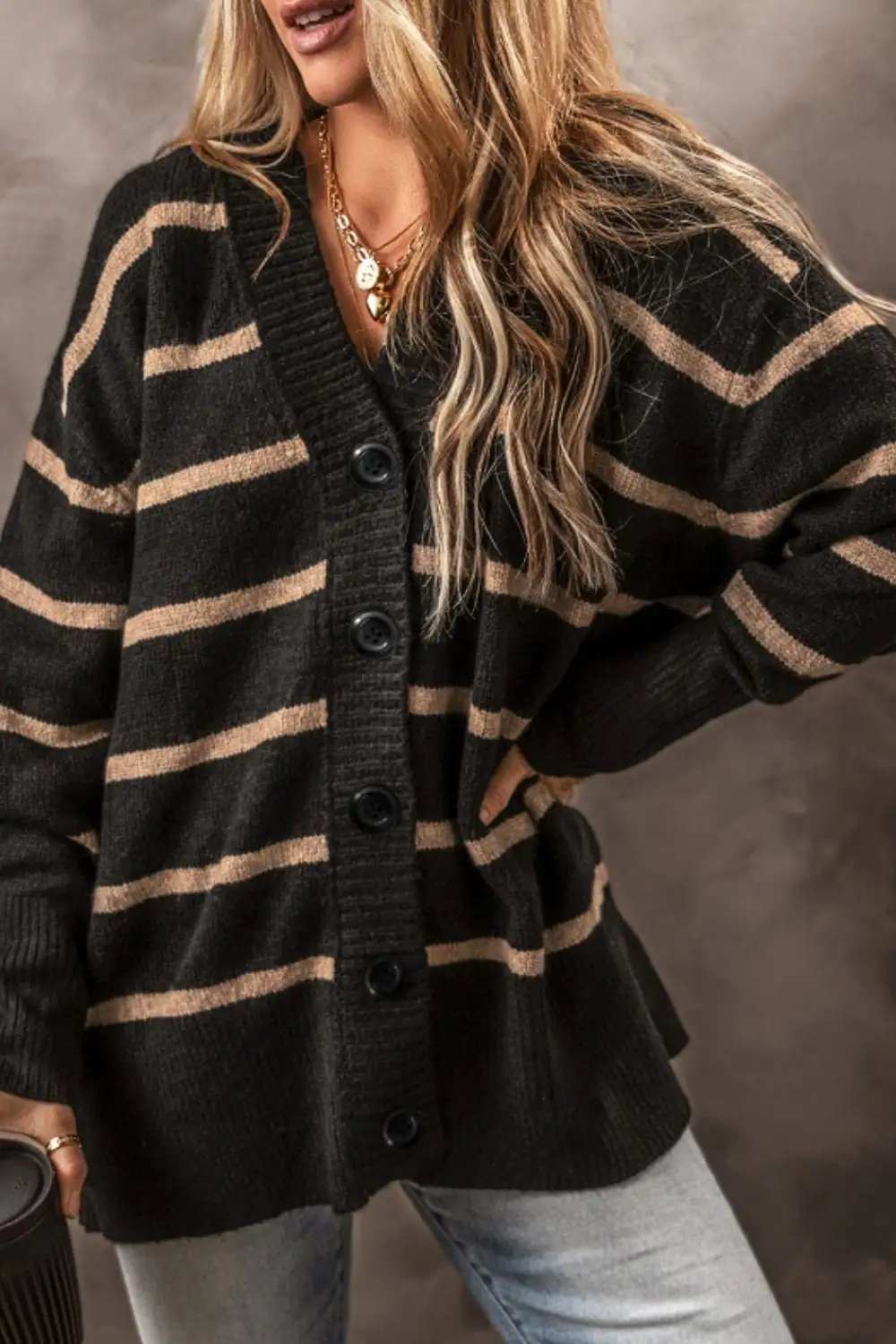 Striped Button Down Long Sleeve Cardigan - Trendsi - Flyclothing LLC