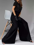 Full Size Sequin Round Neck Short Sleeve Wide Leg Jumpsuit - Trendsi - Flyclothing LLC