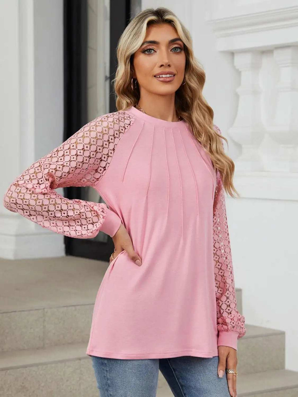 Round Neck Lace Long Sleeve Top - Trendsi - Flyclothing LLC