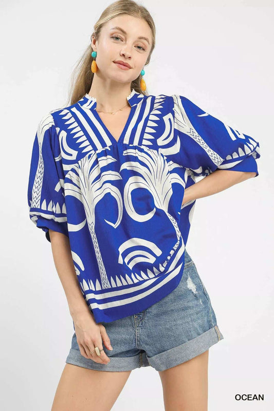 Umgee Folk Art Palm Print Puff Sleeve Blouse - Trendsi - Flyclothing LLC