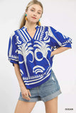 Umgee Folk Art Palm Print Puff Sleeve Blouse - Trendsi - Flyclothing LLC