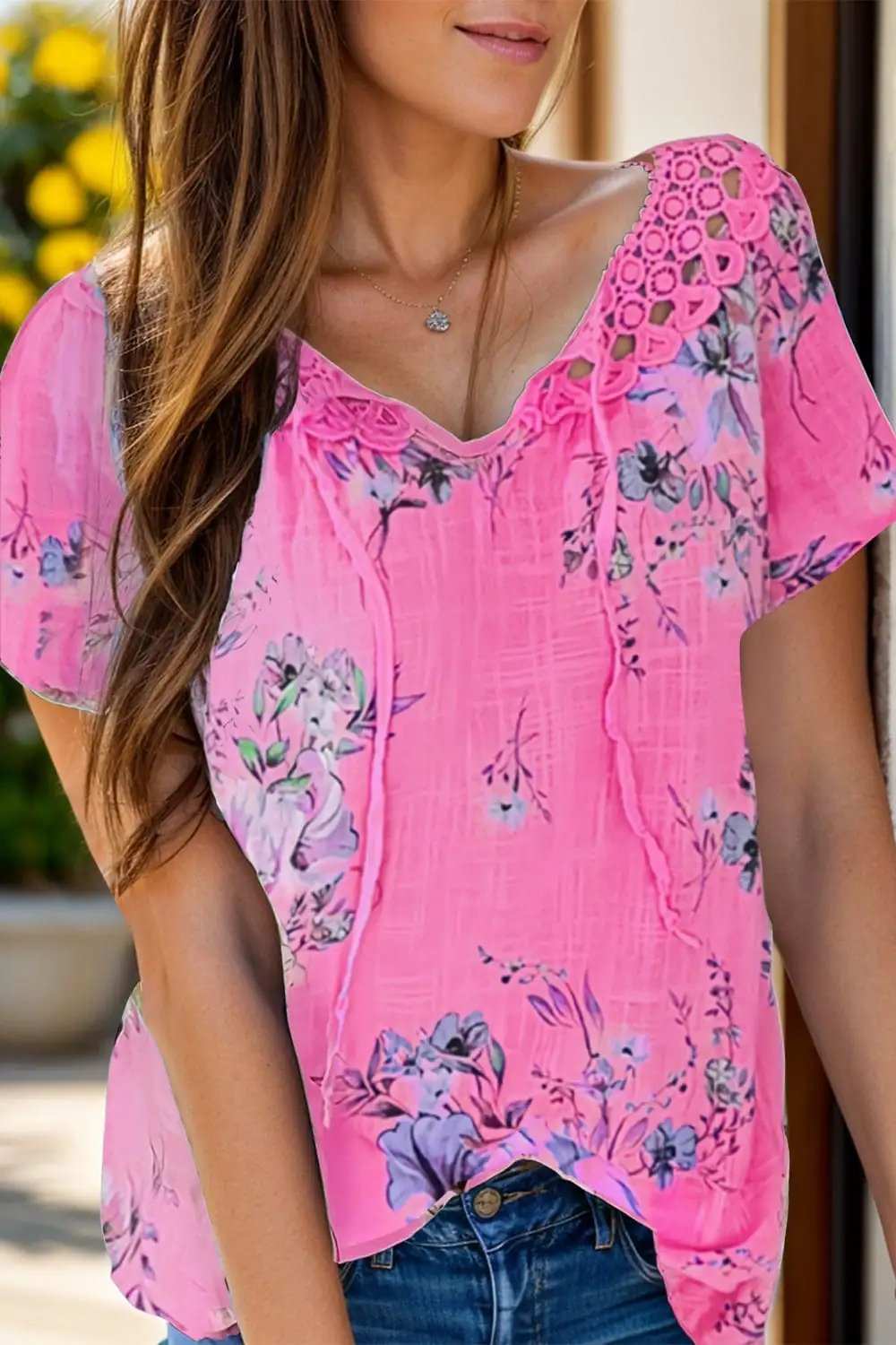 Full Size Printed Tie Neck Short Sleeve Blouse - Trendsi - Flyclothing LLC