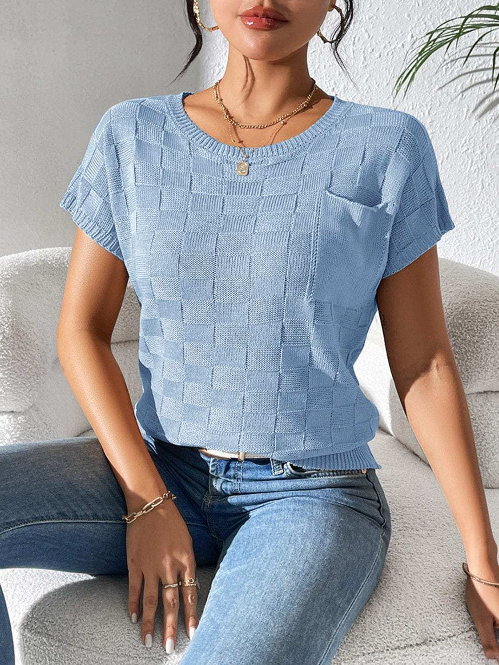 Round Neck Short Sleeve Knit Top - Trendsi - Flyclothing LLC