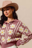SO ME Floral Stripe Polo Collar Sweater - Trendsi - Flyclothing LLC