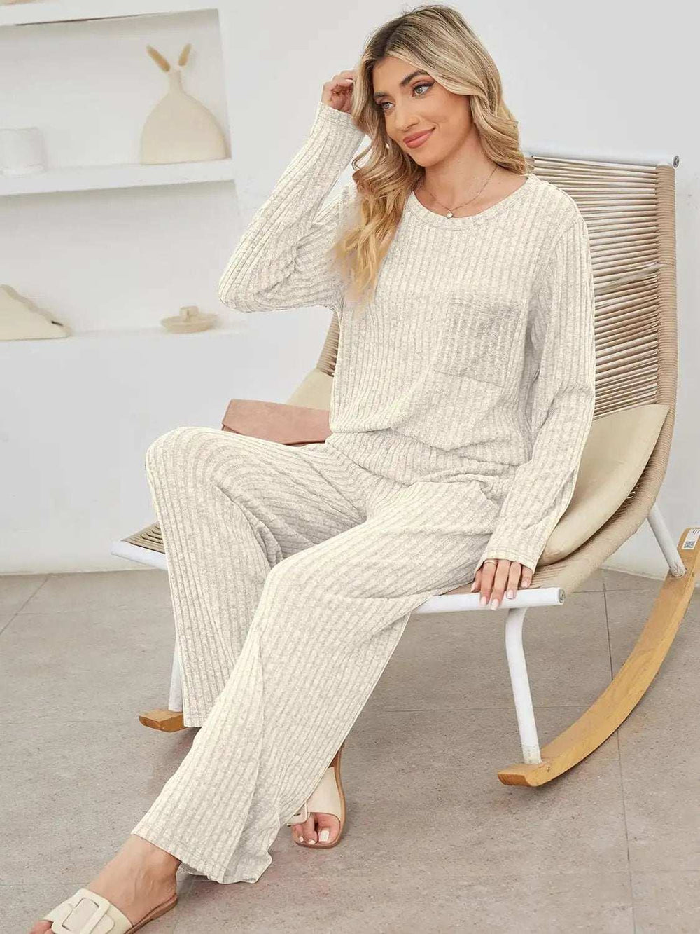 Round Neck Long Sleeve Top and Pants Set - Trendsi - Flyclothing LLC