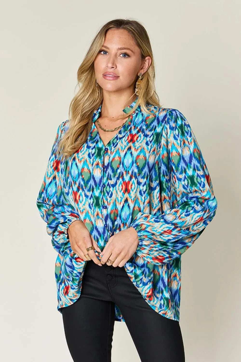 Double Take Full Size Printed Balloon Sleeve Blouse - Trendsi - Flyclothing LLC