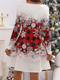 Snowflakes Plaid Round Neck Long Sleeve Dress - Trendsi - Flyclothing LLC