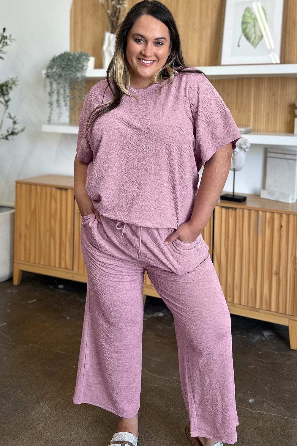 Double Take Full Size Texture Short Sleeve Top and Pants Set - Trendsi - Flyclothing LLC