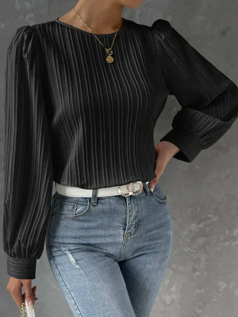 Round Neck Long Sleeve Blouse - Trendsi - Flyclothing LLC