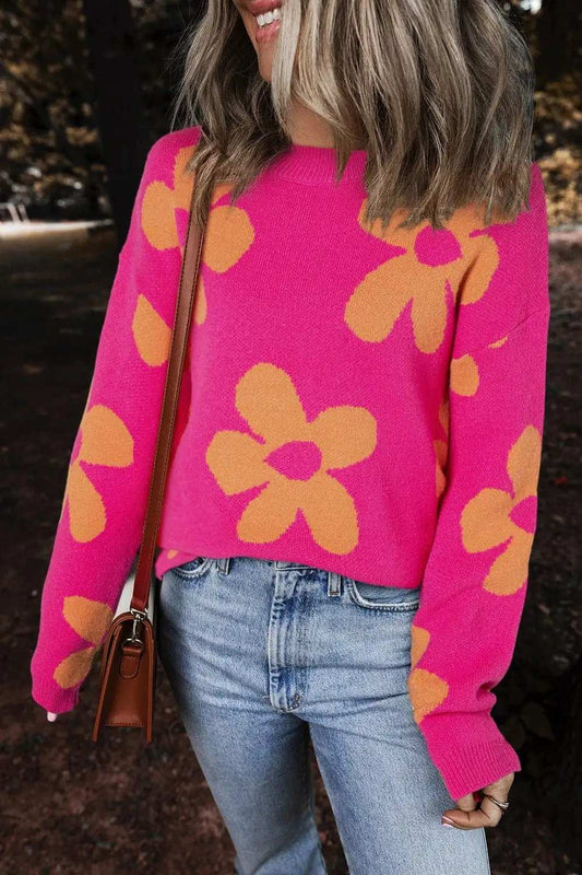 Flower Round Neck Long Sleeve Sweater - Trendsi - Flyclothing LLC