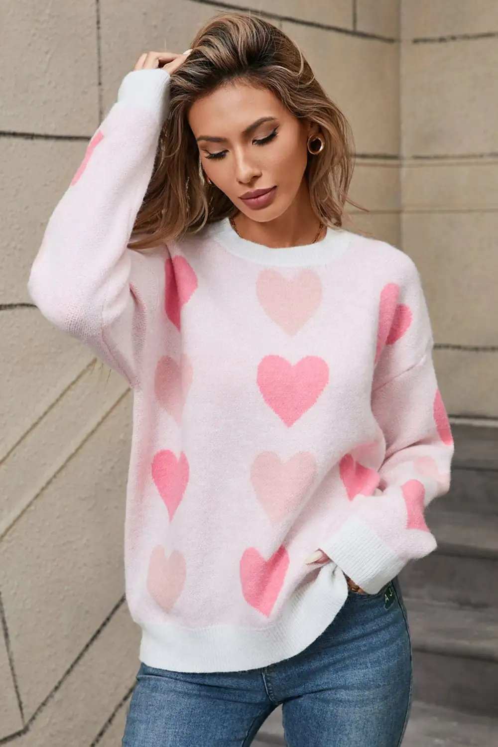 Angel Wings Heart Round Neck Long Sleeve Sweater - Trendsi - Flyclothing LLC