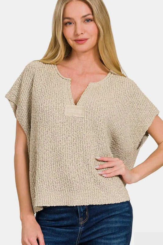 Zenana Short Sleeve Side Slit Sweater - Trendsi - Flyclothing LLC