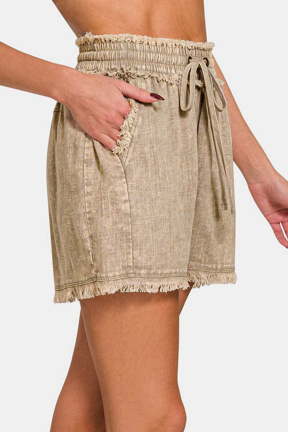 Zenana Washed Linen Frayed Hem Drawstring Shorts - Trendsi - Flyclothing LLC