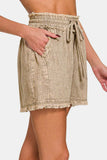 Zenana Washed Linen Frayed Hem Drawstring Shorts - Trendsi - Flyclothing LLC