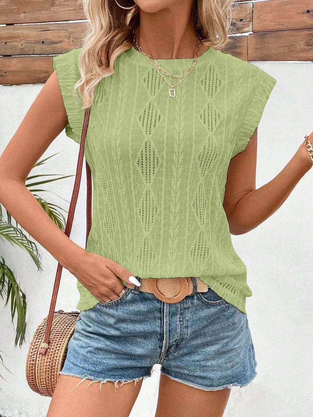 Openwork Round Neck Cap Sleeve Top - Trendsi - Flyclothing LLC