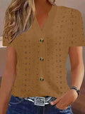 Openwork Notched Short Sleeve Top - Trendsi - Flyclothing LLC