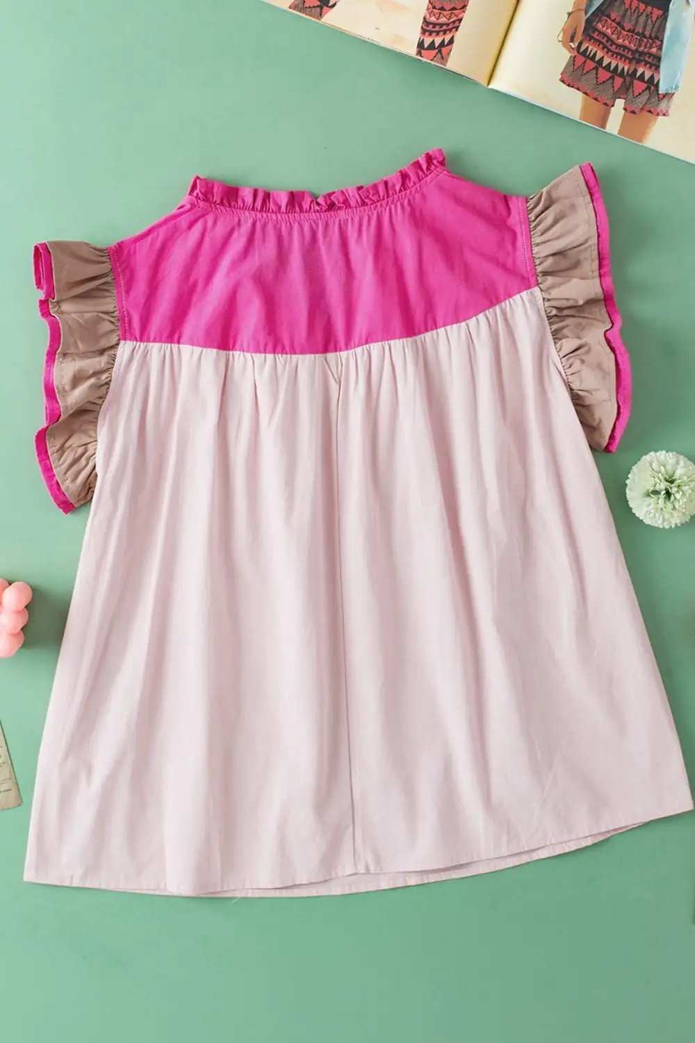 Color Block Notched Ruffled Cap Sleeve Blouse - Trendsi - Flyclothing LLC