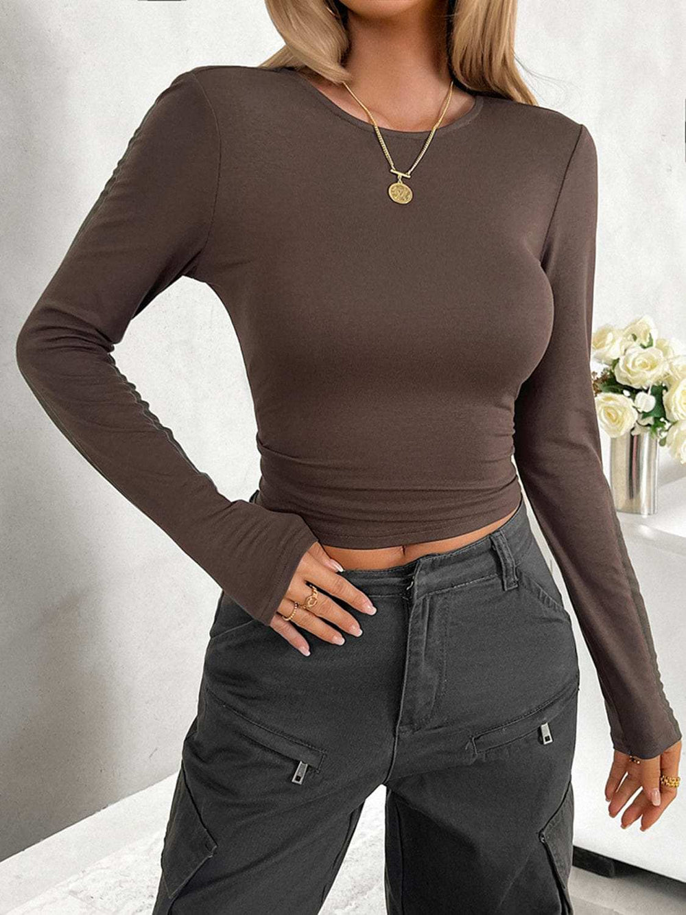 Round Neck Long Sleeve T-Shirt - Trendsi - Flyclothing LLC