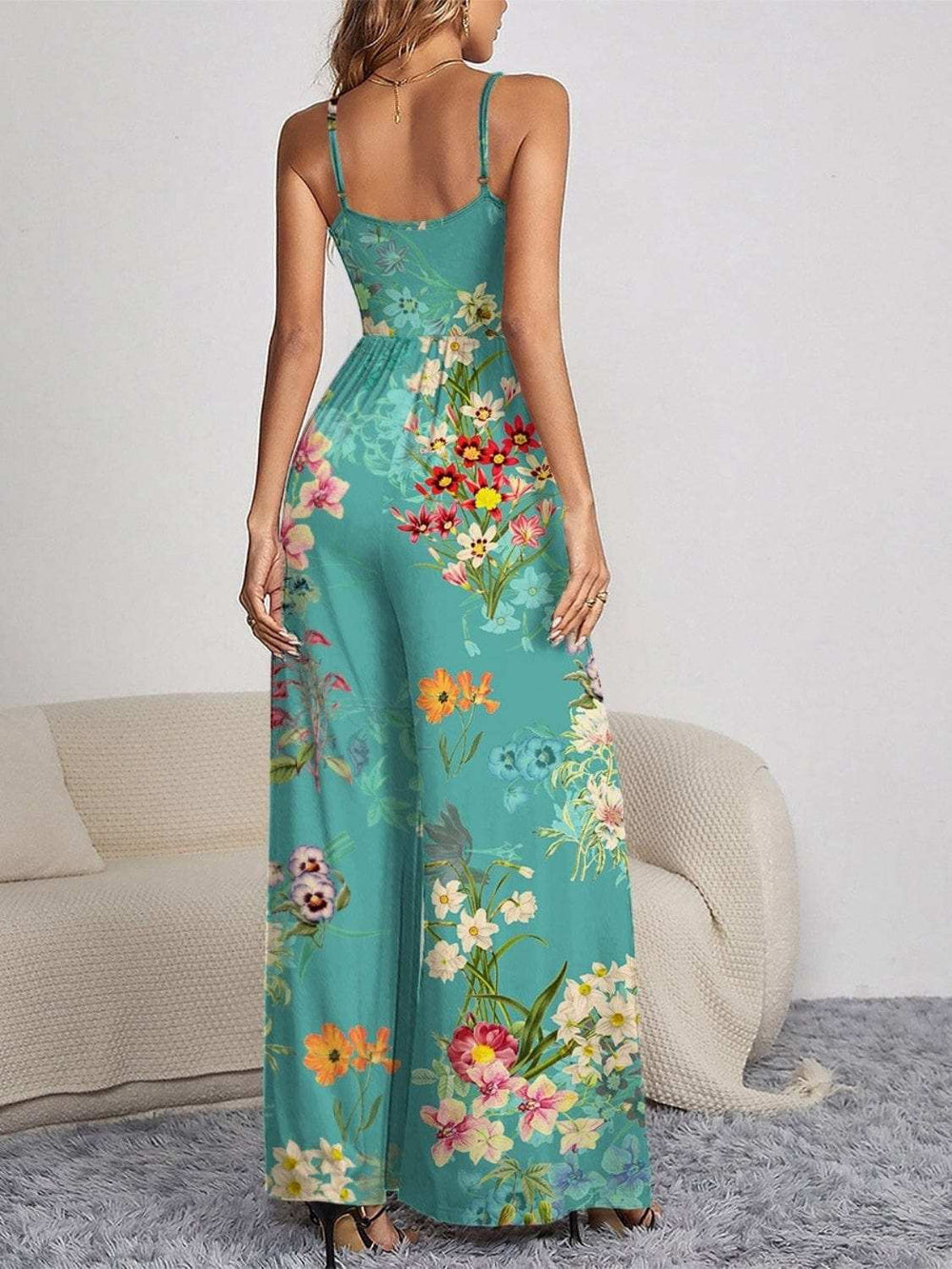 Decorative Button Spaghetti Strap Wide Leg Jumpsuit - Trendsi - Flyclothing LLC
