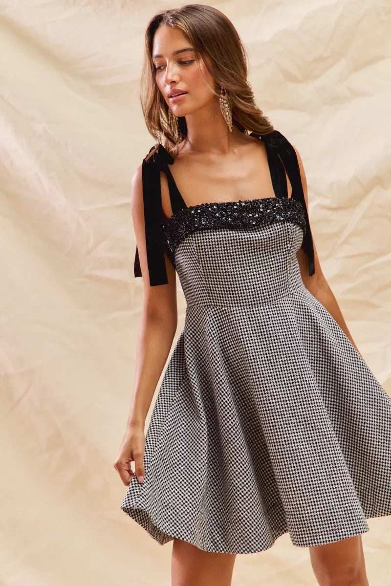 SO ME Houndstooth Fit Flare Mini Dress with Shoulder Tie - Trendsi - Flyclothing LLC