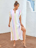 Slit Striped Notched Short Sleeve Cover Up - Trendsi - Flyclothing LLC