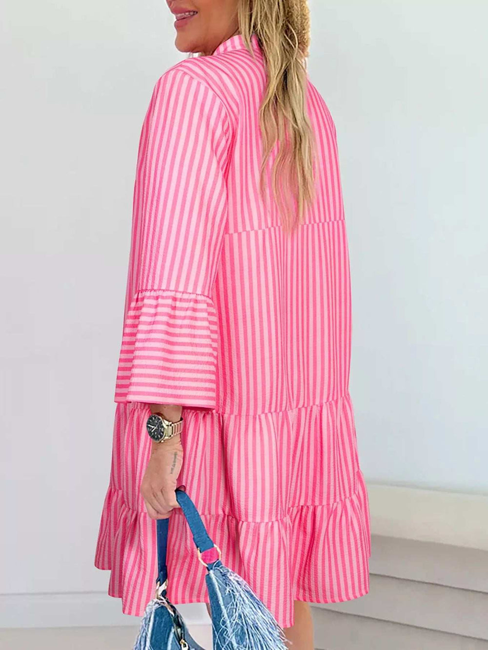 Stripe Flare Sleeve Half Placket Tiered Flowy Mini Dress - Trendsi - Flyclothing LLC