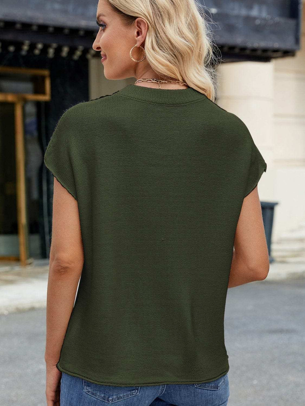 Exposed Seam Round Neck Short Sleeve Sweater - Trendsi - Flyclothing LLC