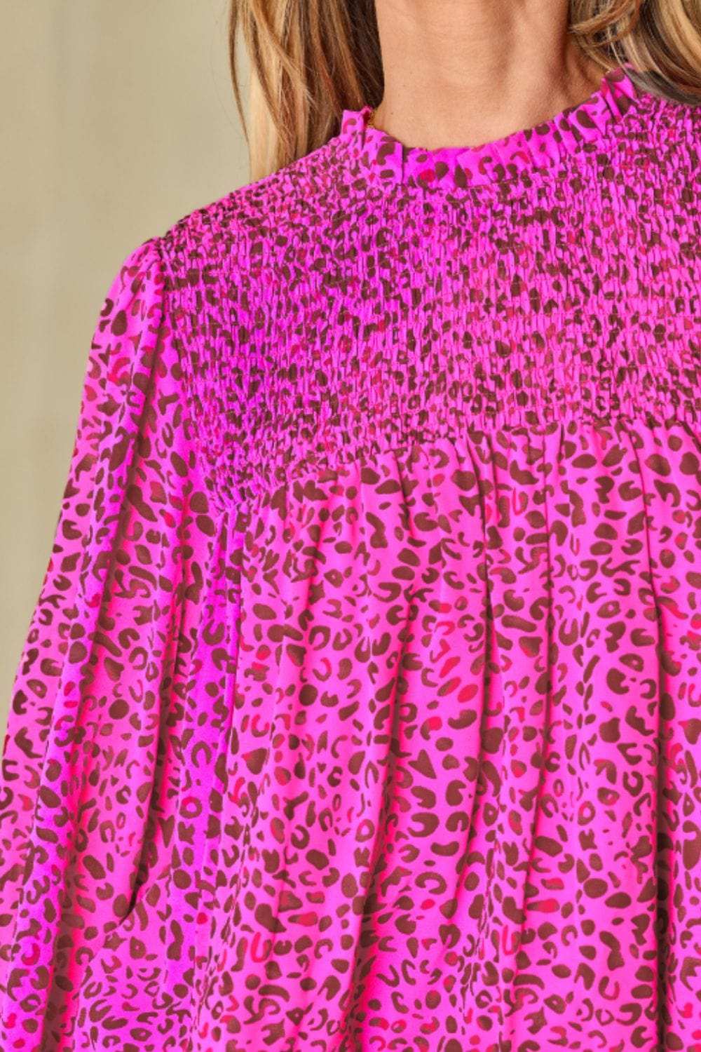 Ruched Leopard Mock Neck Long Sleeve Blouse - Trendsi - Flyclothing LLC