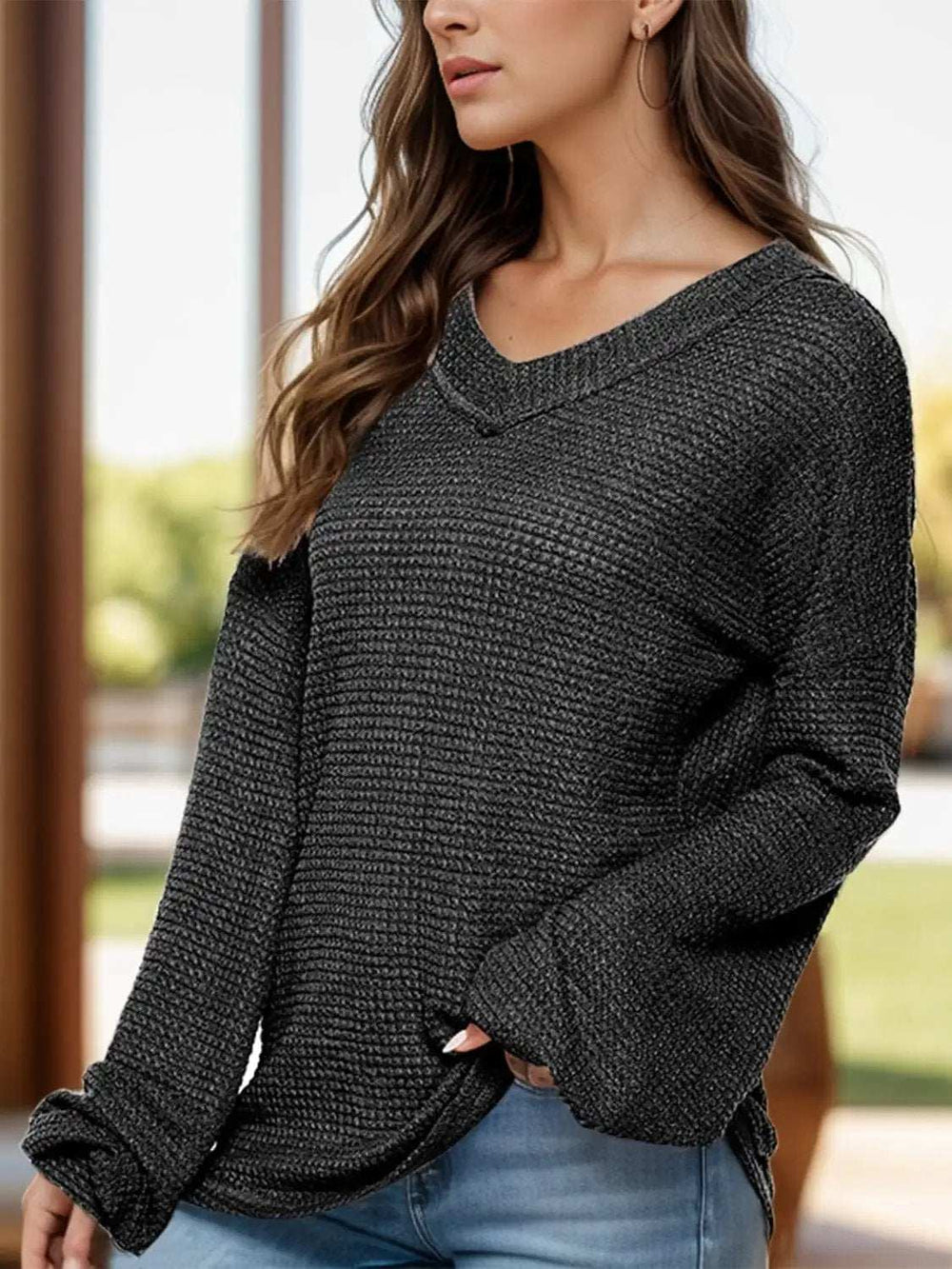 Dropped Shoulder Long Sleeve Knit Top - Trendsi - Flyclothing LLC