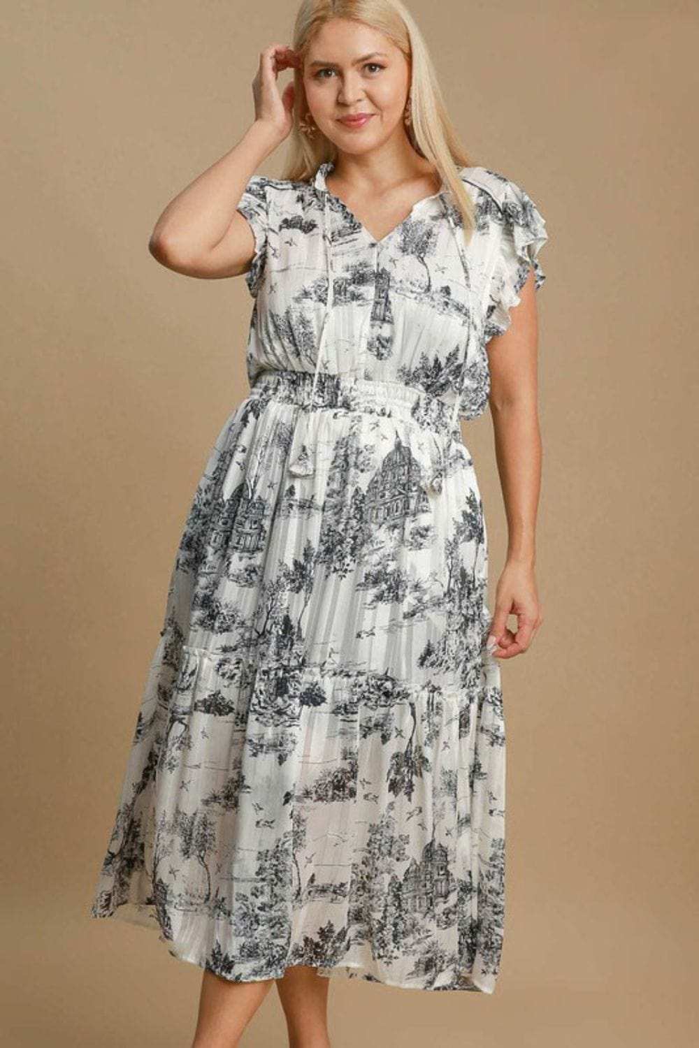 Umgee Full Size Two Tone Landscape Print Midi Dress Plus Size - Trendsi - Flyclothing LLC