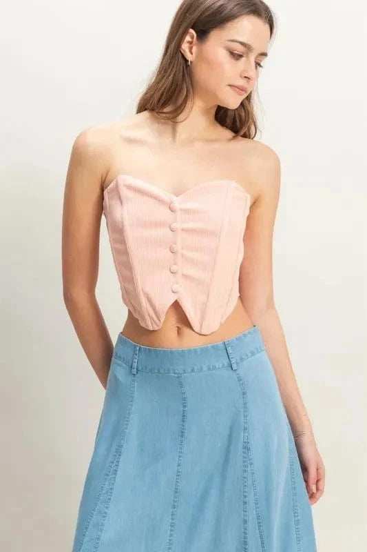 HYFVE Buttoned Front Strapless Knit Bustier Top - Trendsi - Flyclothing LLC