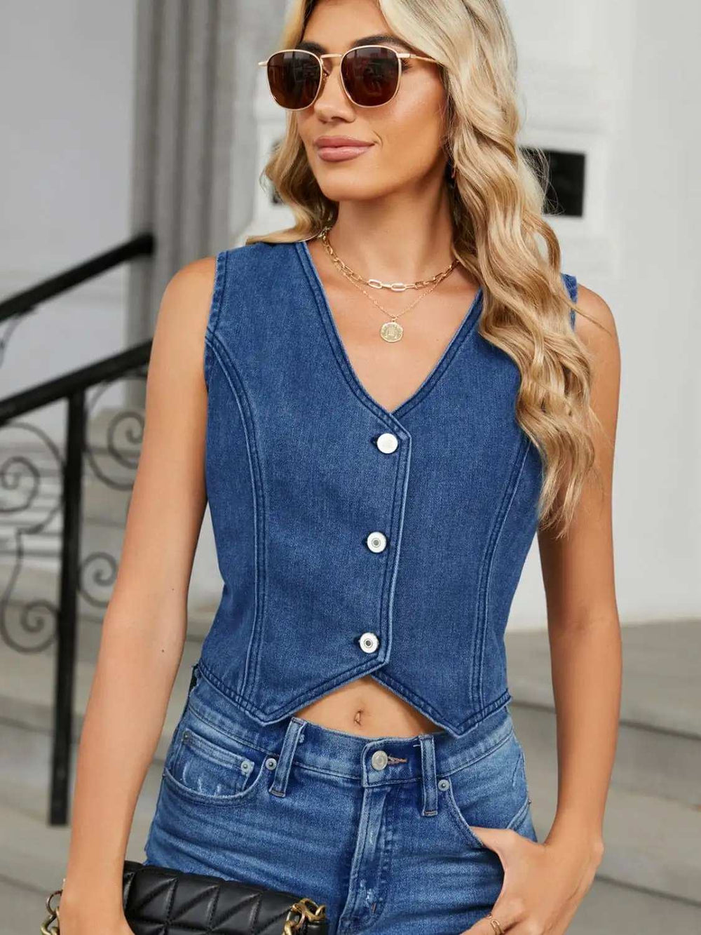 V-Neck Button Down Denim Vest - Trendsi - Flyclothing LLC