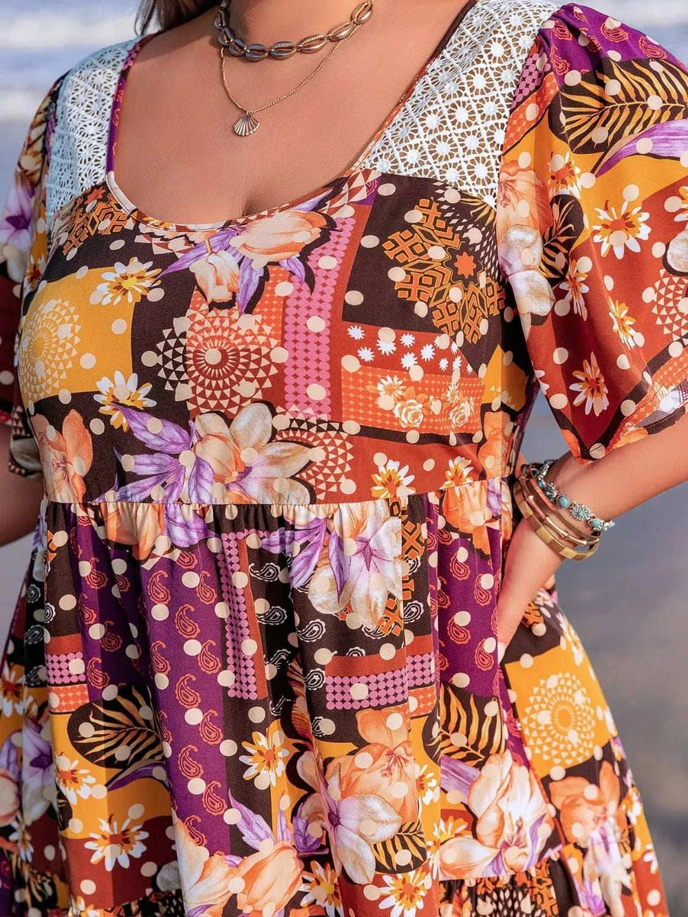 Plus Size Printed Round Neck Short Sleeve Dress - Trendsi - Flyclothing LLC