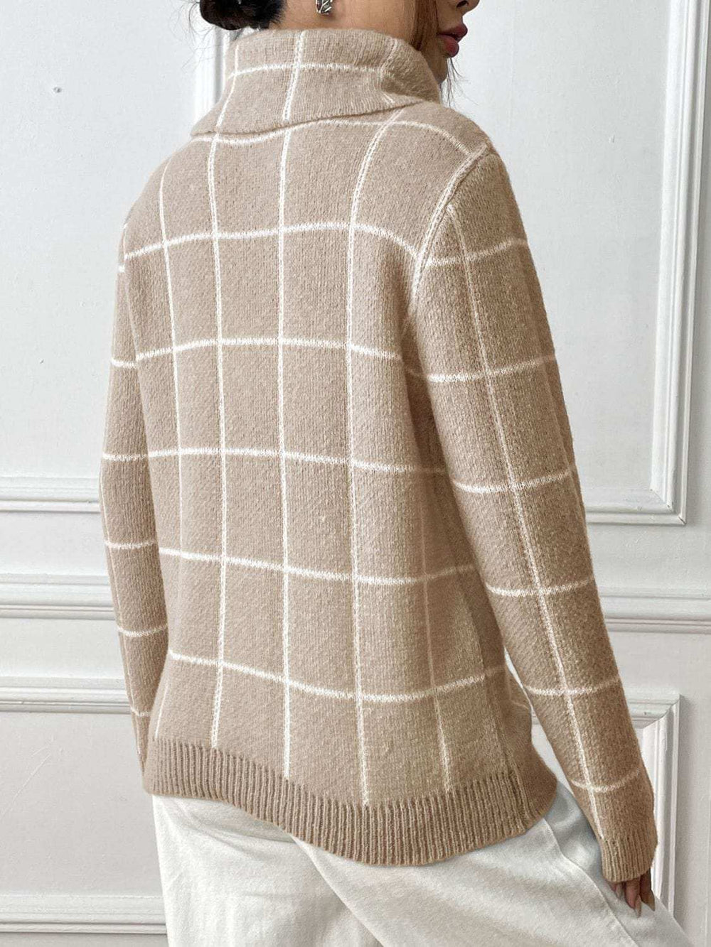 Heart Plaid Turtleneck Long Sleeve Sweater - Trendsi - Flyclothing LLC