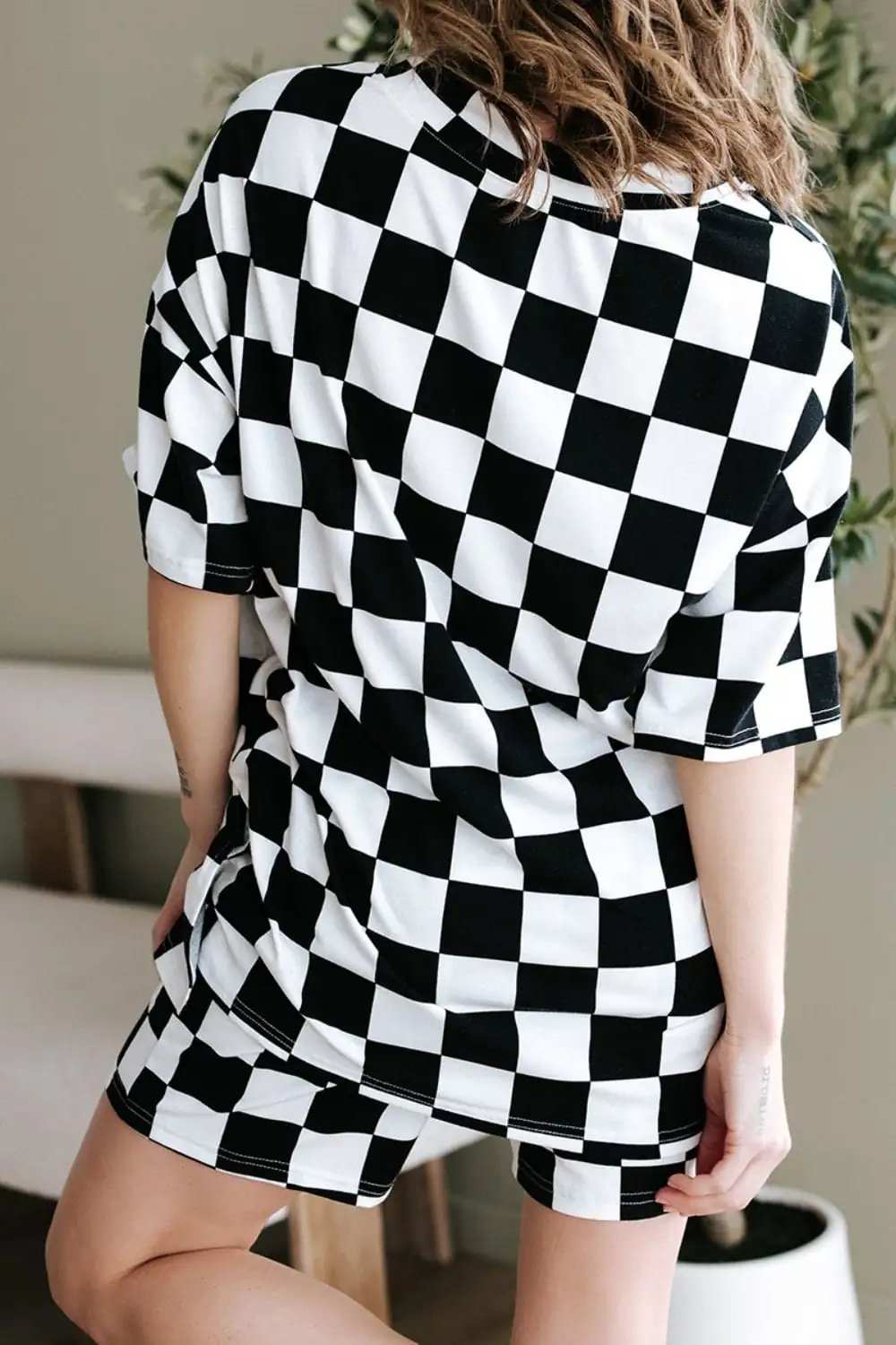 Checkerboard V Neck Loose Tee and Shorts Set - Trendsi - Flyclothing LLC