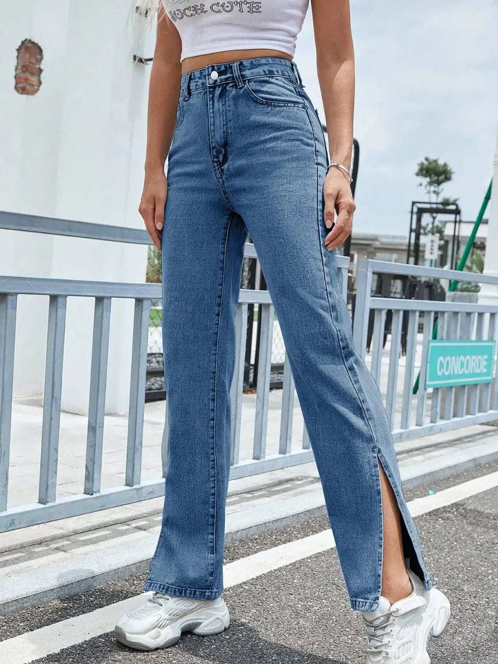 Slit High Waist Jeans with Pockets - Trendsi - Flyclothing LLC