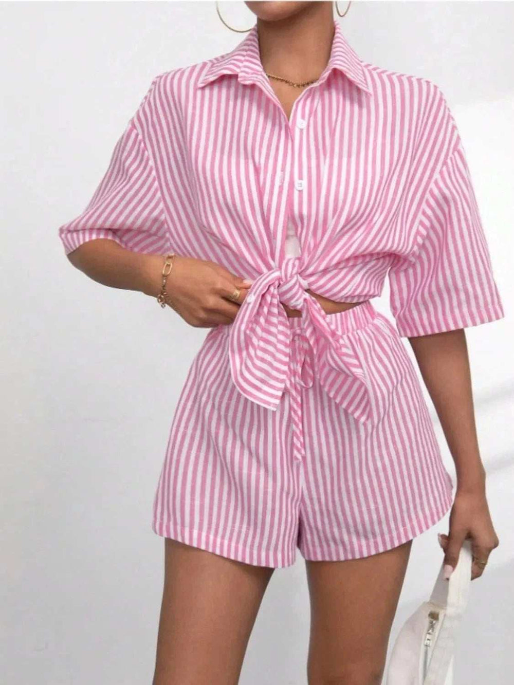 Striped Button Up Shirt and Shorts Set - Trendsi - Flyclothing LLC