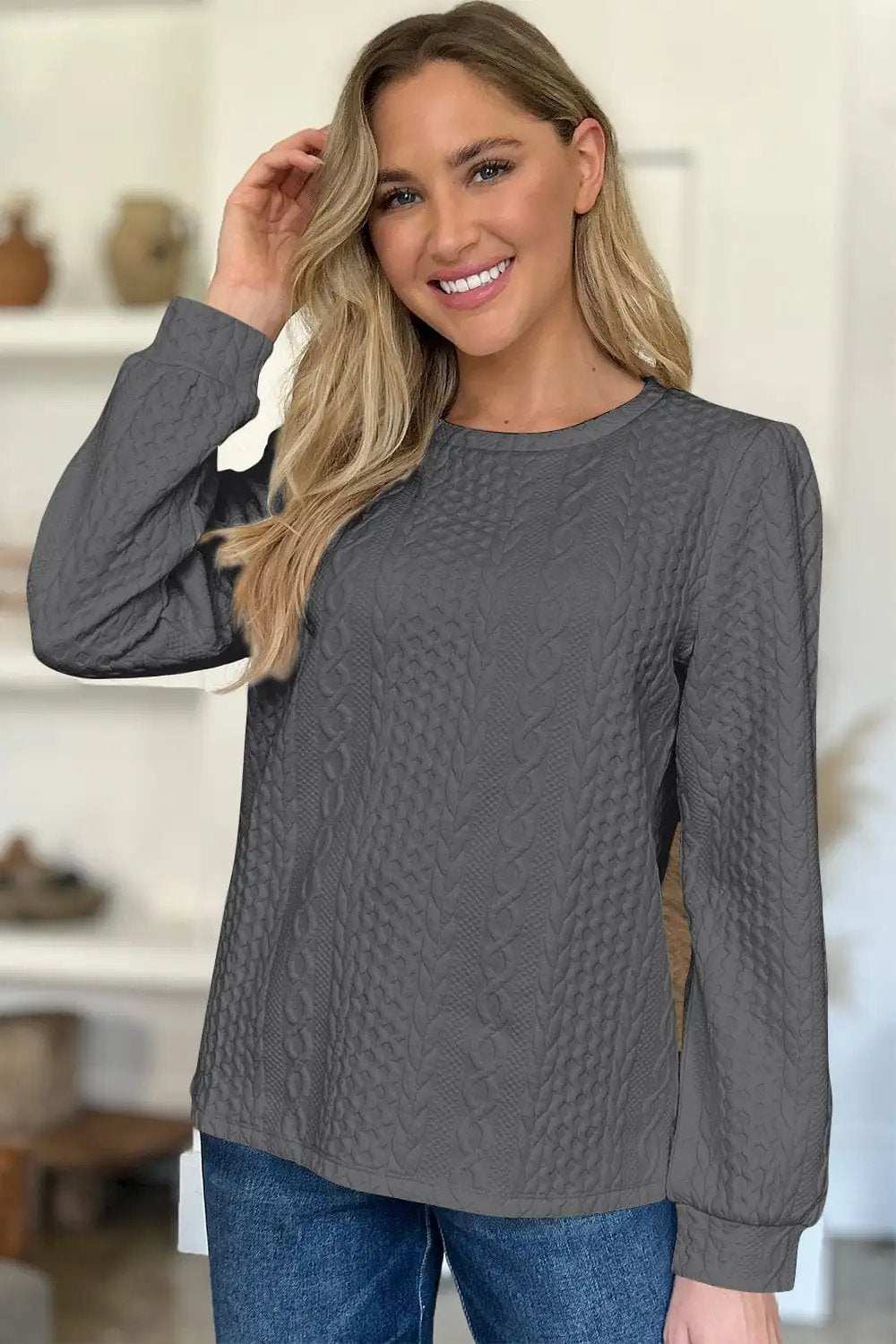 Textured Round Neck Long Sleeve Sweatshirt - Trendsi - Flyclothing LLC