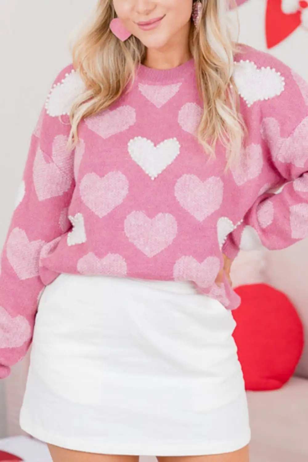 Pearl Trim Heart Round Neck Long Sleeve Sweater - Trendsi - Flyclothing LLC