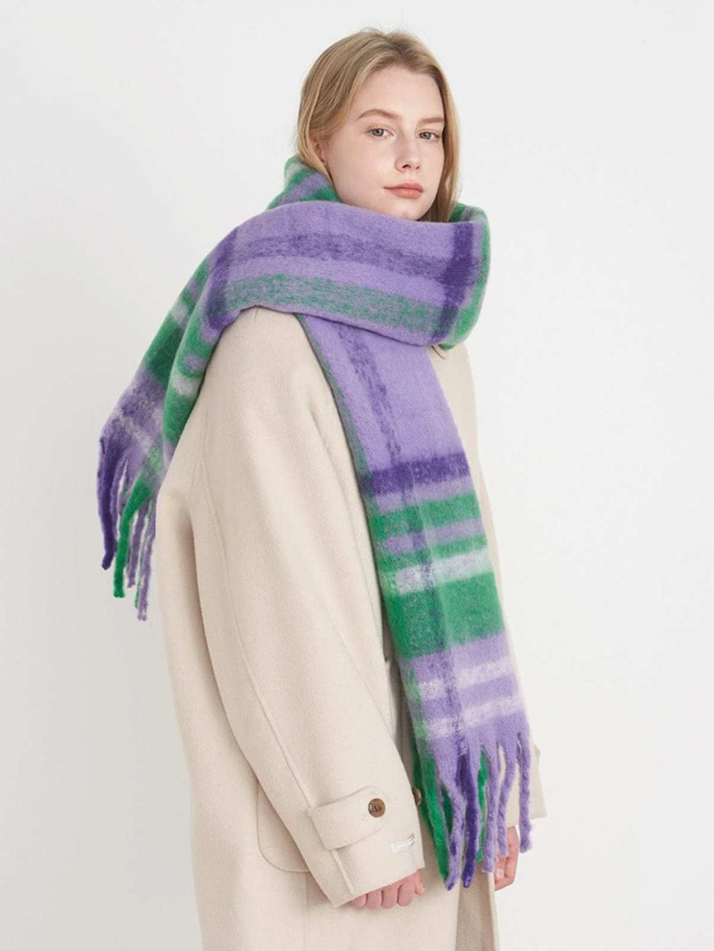 Fringe Plaid Polyester Scarf - Trendsi - Flyclothing LLC