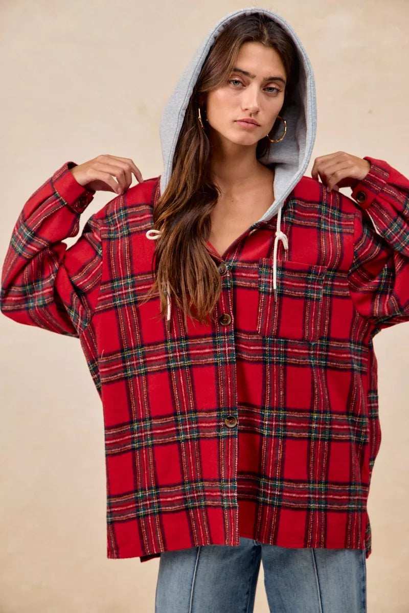BiBi Brushed Plaid Hooded Jacket - Trendsi - Flyclothing LLC