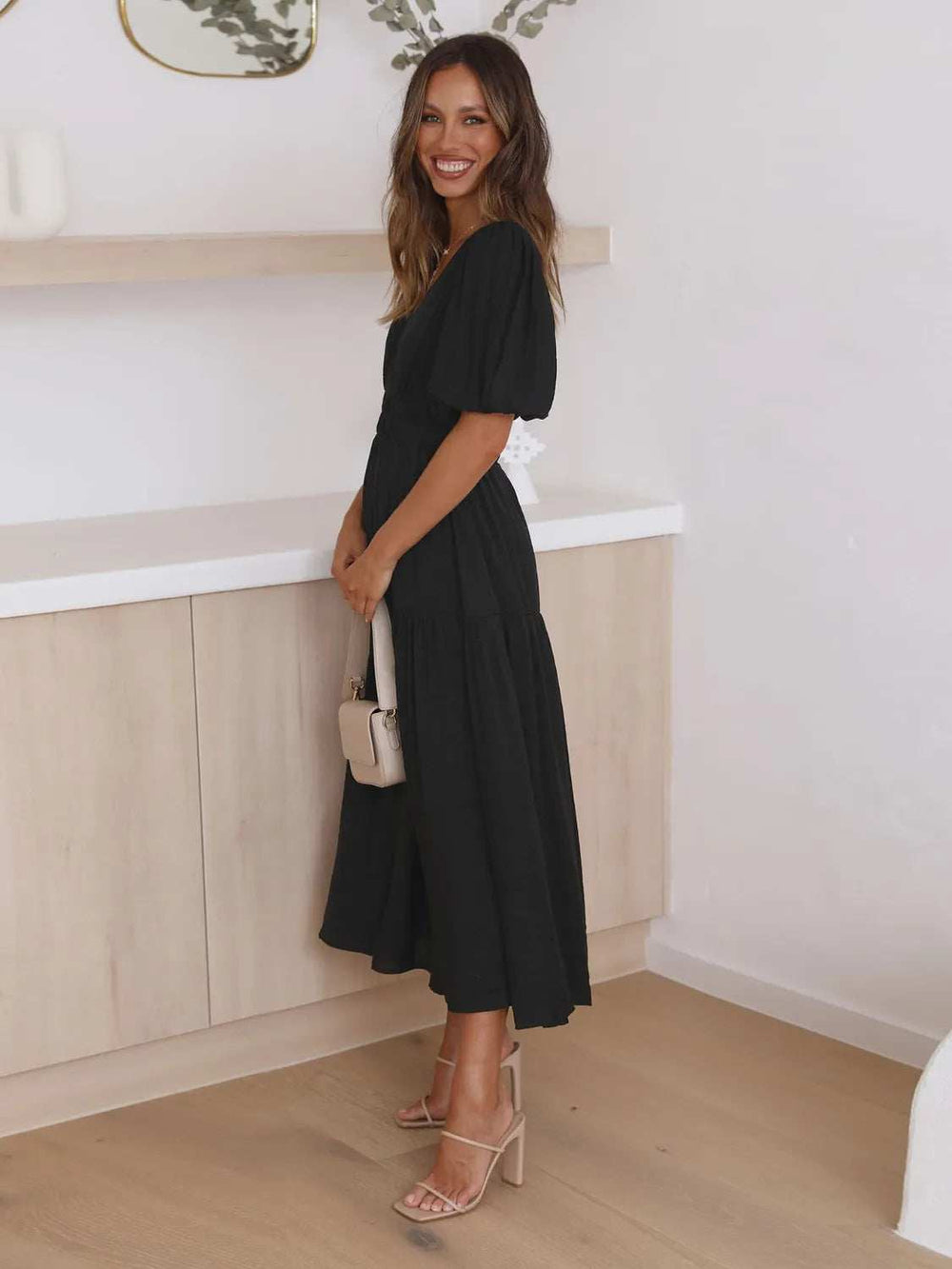 Tiered Surplice Half Sleeve Midi Dress - Trendsi - Flyclothing LLC