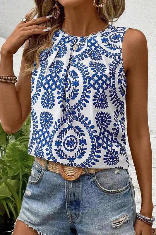 Printed Crew Neck Sleeveless Top - Trendsi - Flyclothing LLC
