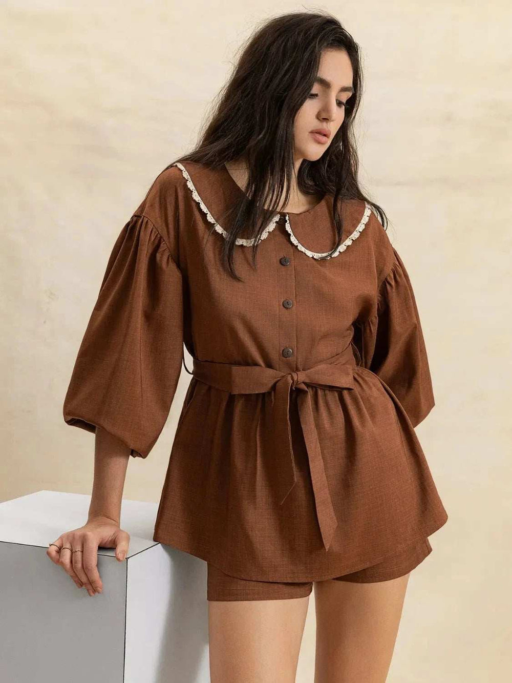Peter Pan Collar Balloon Sleeve Top and Shorts Set - Trendsi - Flyclothing LLC