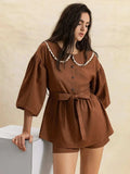 Peter Pan Collar Balloon Sleeve Top and Shorts Set - Trendsi - Flyclothing LLC