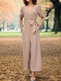 Tied Short Sleeve Wide Leg Jumpsuit - Trendsi - Flyclothing LLC