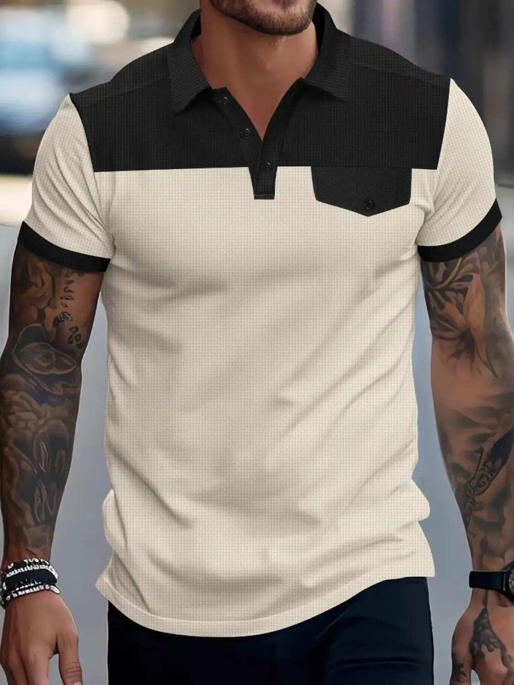 Men's Full Size Waffle-Knit Collared Contrast Polo Plus Size - Trendsi - Flyclothing LLC